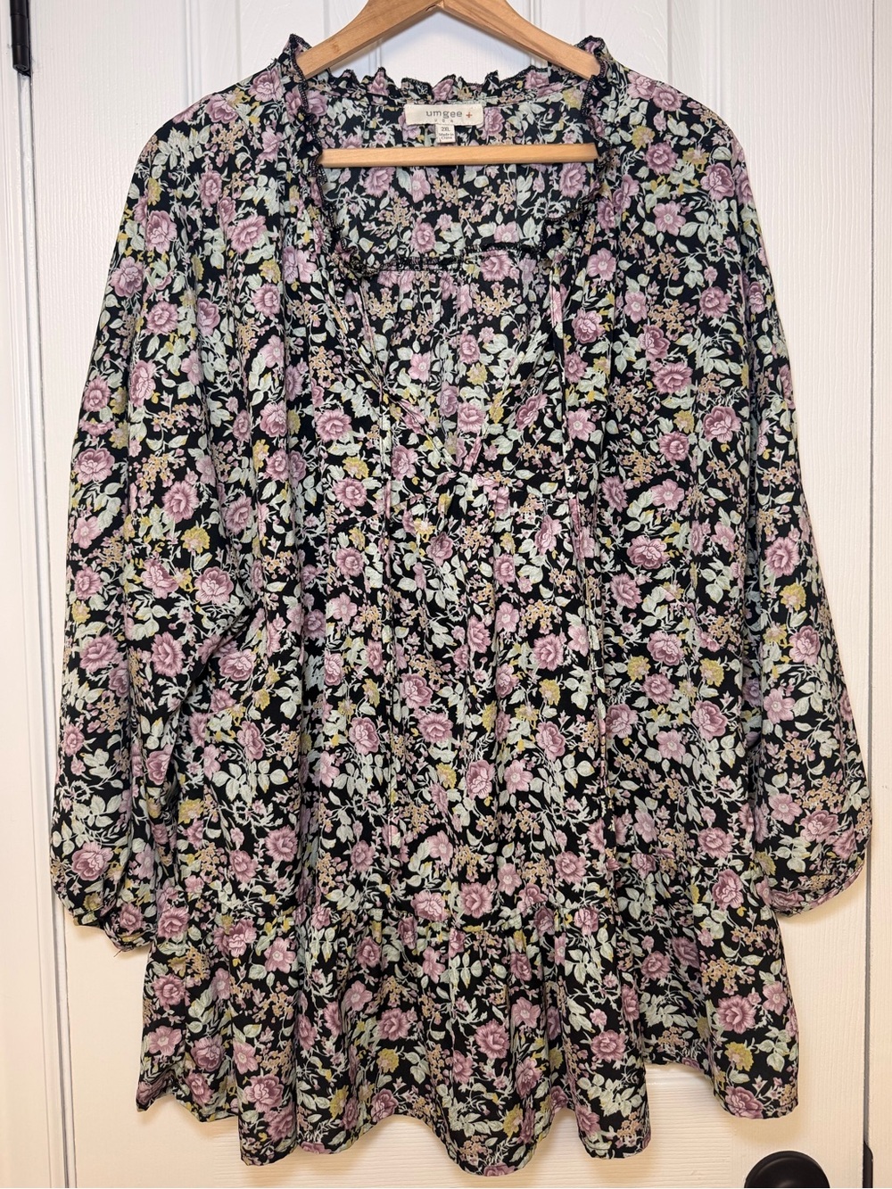 Umgee+ Dressy Boho 2X Black Floral Peplum Blouse Tiered Ruffle Babydoll Tunic